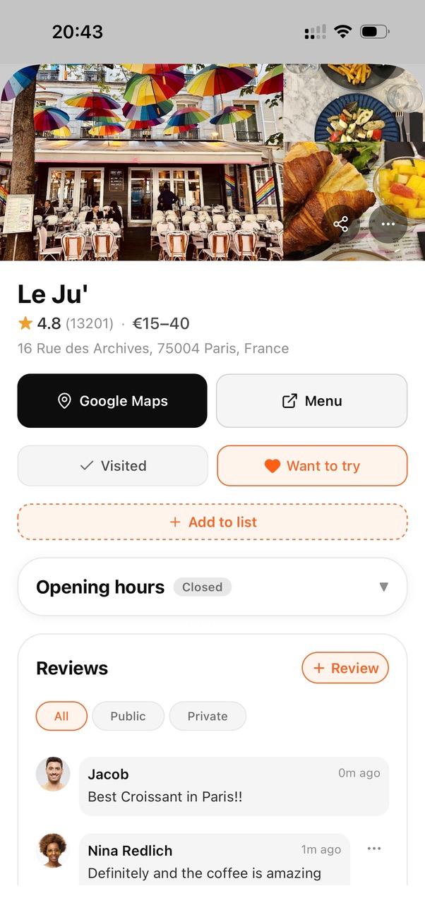 Restaurant details and reviews
